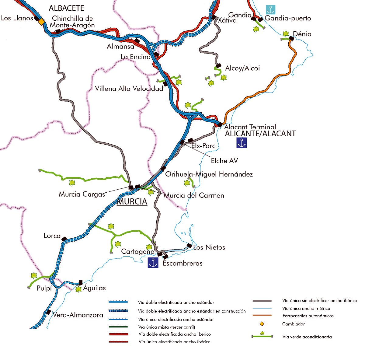 ADMINISTRATOR DE INFRAESTRUCTURAS FERROVIARIAS (ADIF) • CARTE DU RÉSEAU FERROVIAIRE ESPAGNOL