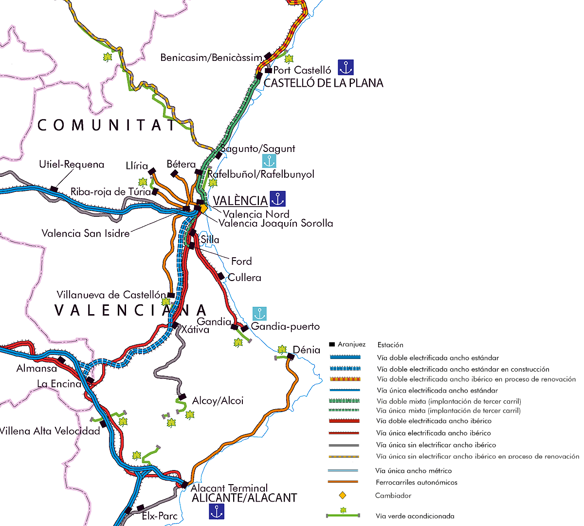 ADMINISTRATOR DE INFRAESTRUCTURAS FERROVIARIAS (ADIF) • CARTE DU RÉSEAU FERROVIAIRE ESPAGNOL