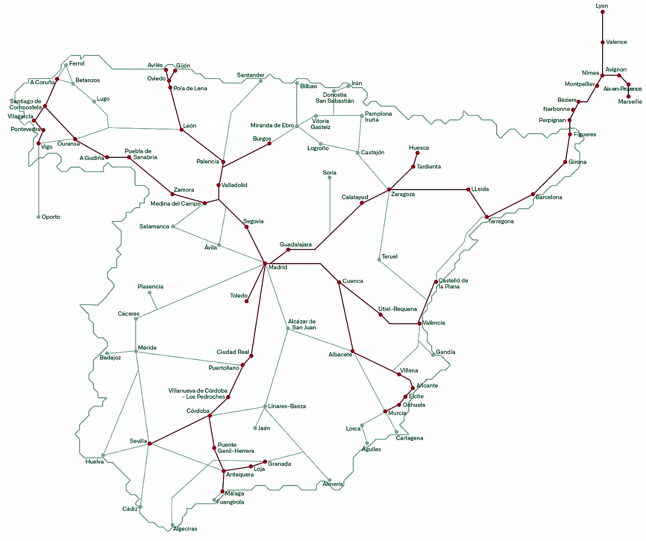 RENFE • Carte des lignes AVE et Larga Distancia (2025)