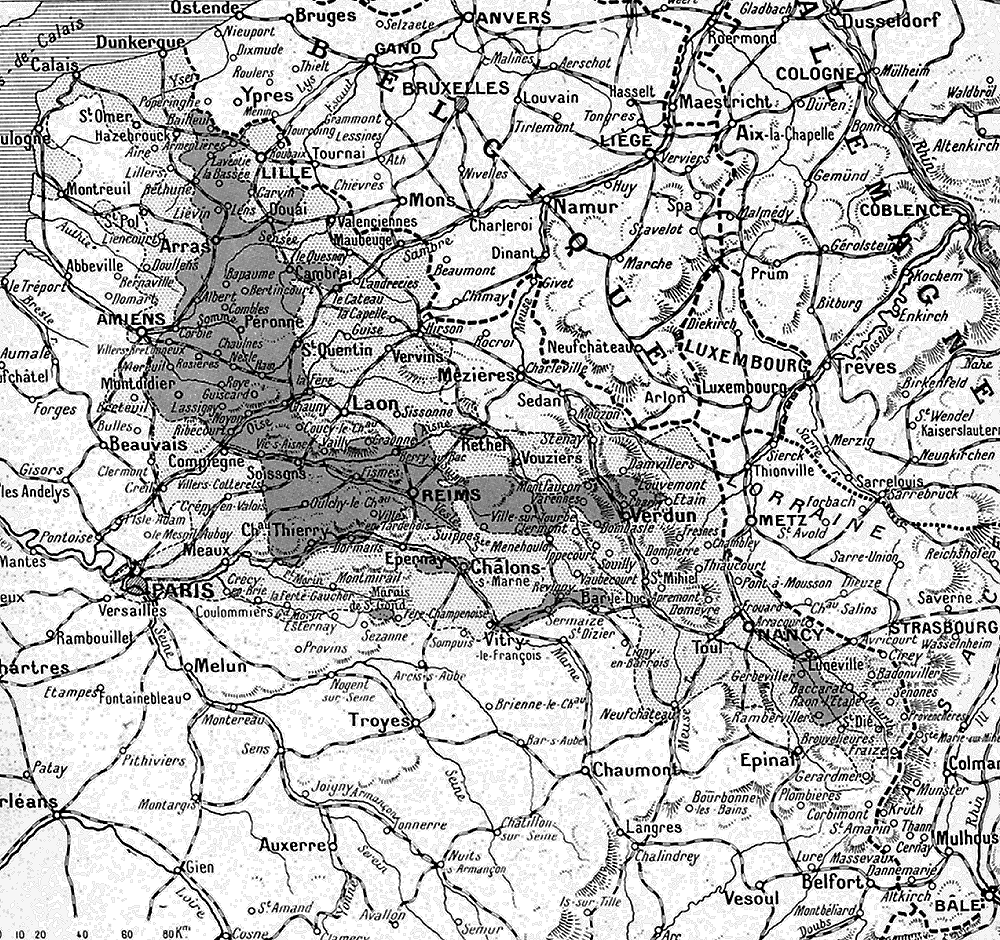CARTE SOMMAIRE DES RÉGIONS DÉVASTÉES PARUE DANS L'ILLUSTRATION DU SAMEDI 18 JANVIER 1919