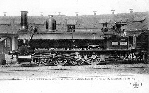 Machine de la Cie du Midi n° 715 à 4 essieux accouplés, pour trains de marchandises (Série 701à 715, construite en 1863-1864)