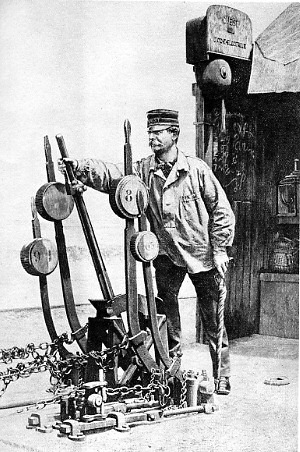 Aiguilleur de la Compagnie du chemin de fer de l'Ouest manœuvrant, en plein air, un appareil d'aiguillage Vignier (1886)