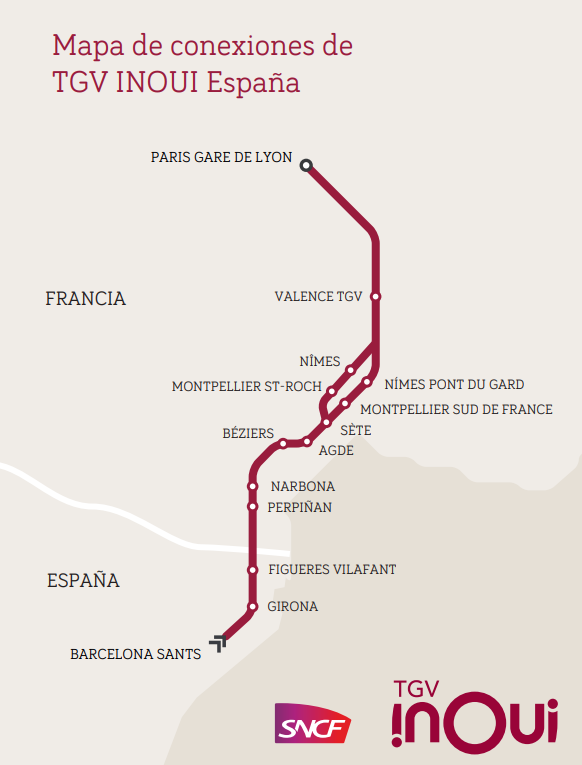 Mapa de conexiones de TGV INOUI España