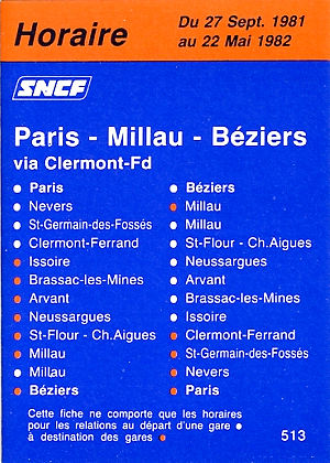 Fiche horaire SNCF - Hiver 1981-1982
